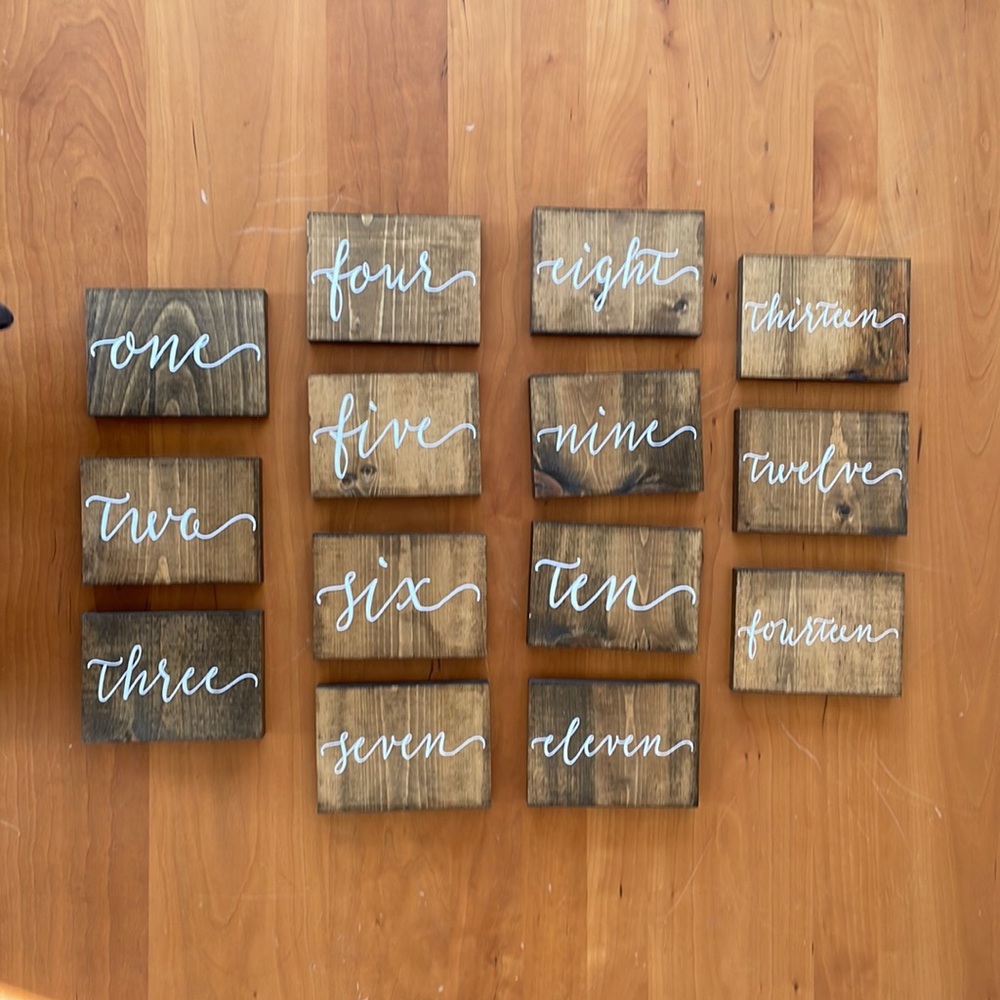 Oaky Designs Solid Pine w/ Walnut Stain Wedding Table Numbers 1-14 double sided